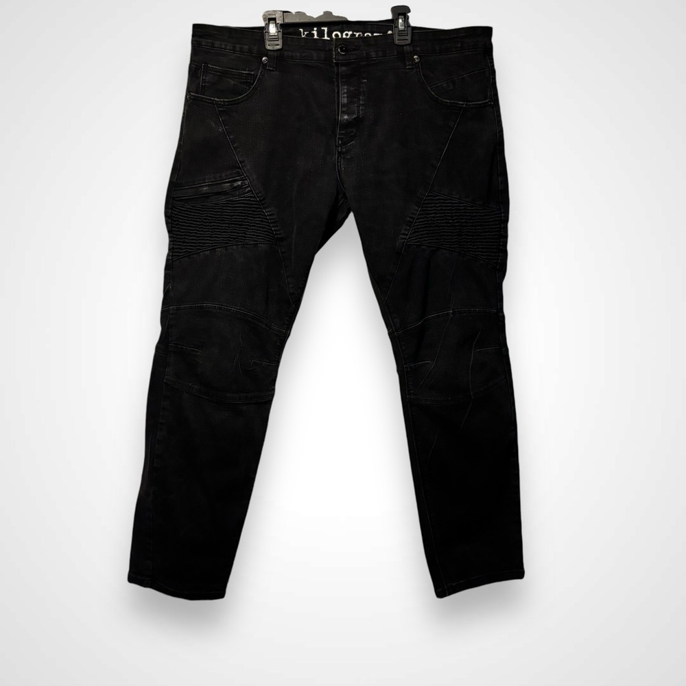 Kilogram Black Denim Moto Jeans Men's 44 Narrow Leg Front Button Closure Grunge